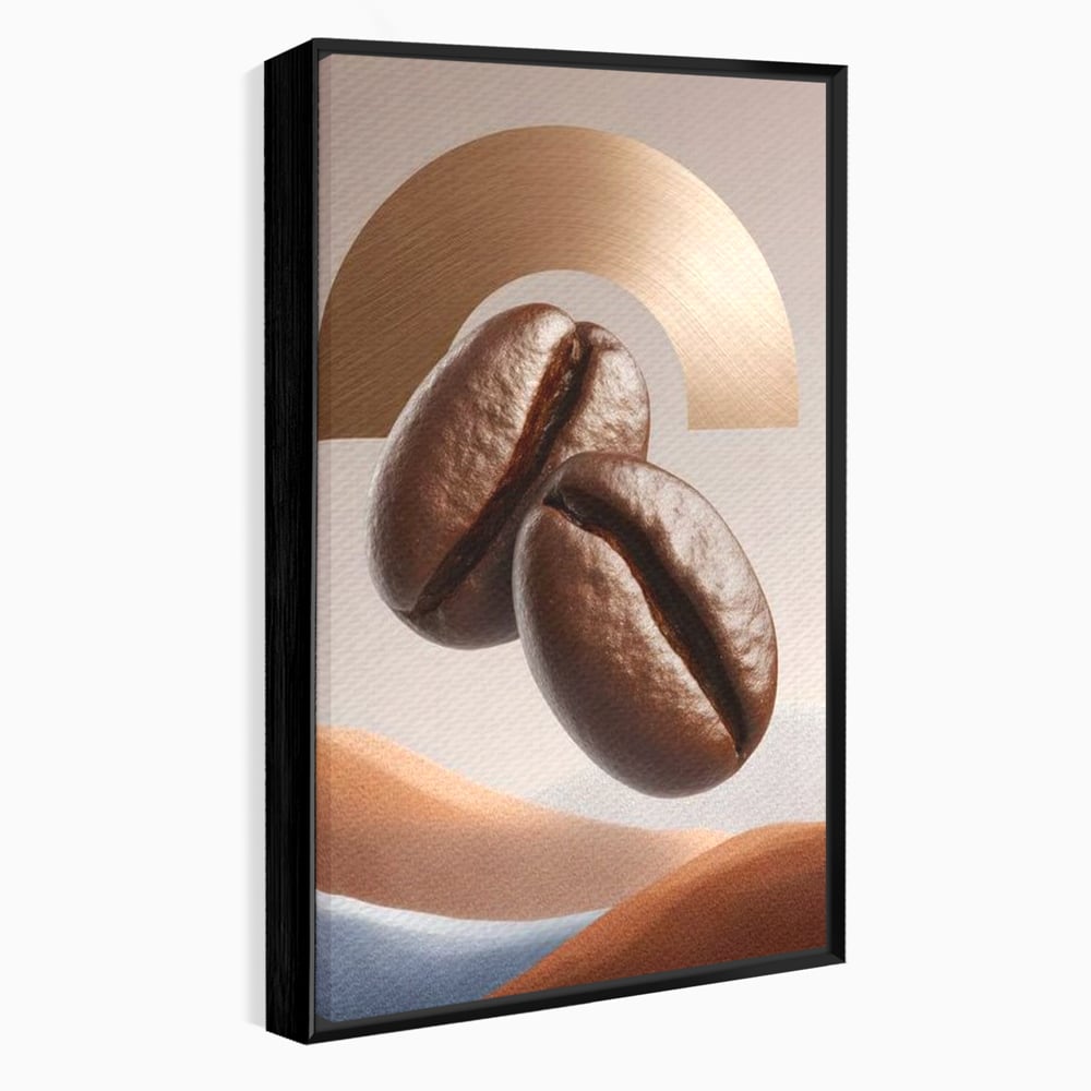 Tablou Canvas Premium, LuxCanva® N1153, Duo Espresso, Matinal, Semicerc, Auriu, Arta Abstracta, Boabe de Cafea, Design, Aroma, Cafenea, Pub, Bar, Lounge, Restaurant, Bucatarie