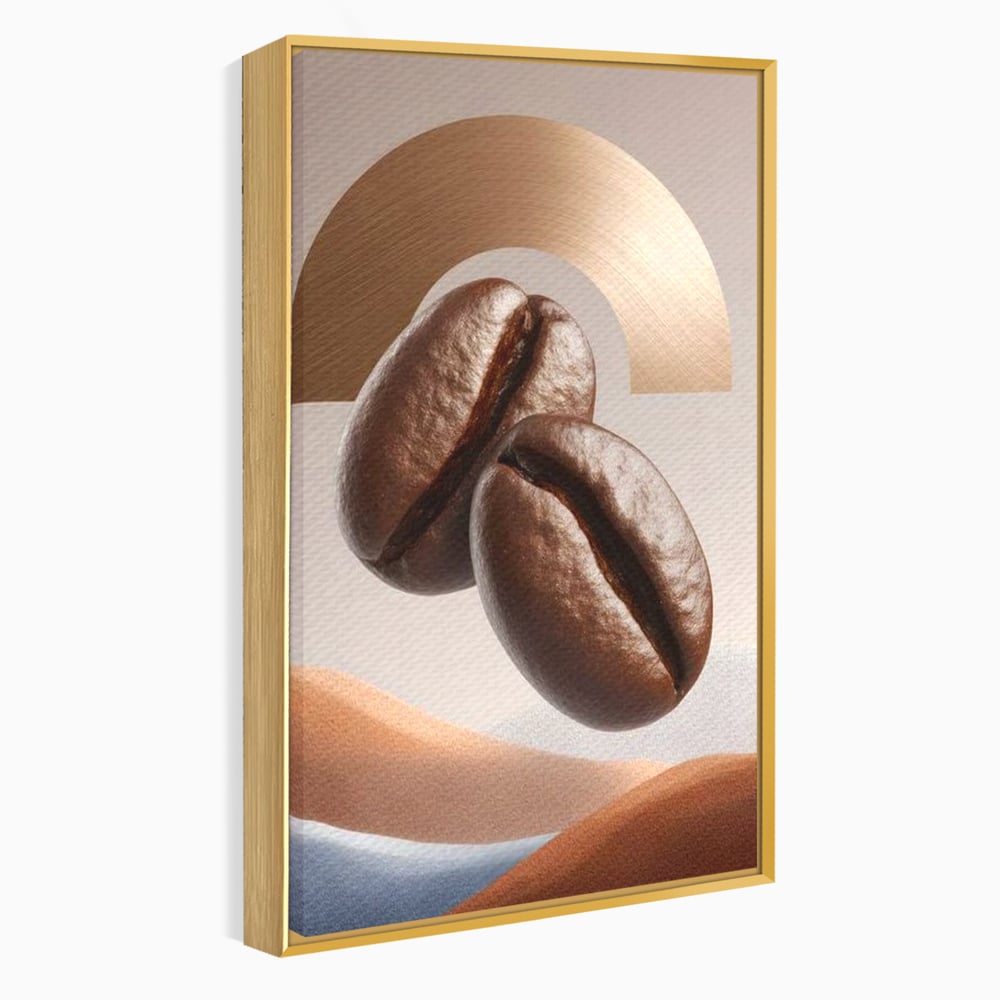 Tablou Canvas Premium, LuxCanva® N1153, Duo Espresso, Matinal, Semicerc, Auriu, Arta Abstracta, Boabe de Cafea, Design, Aroma, Cafenea, Pub, Bar, Lounge, Restaurant, Bucatarie
