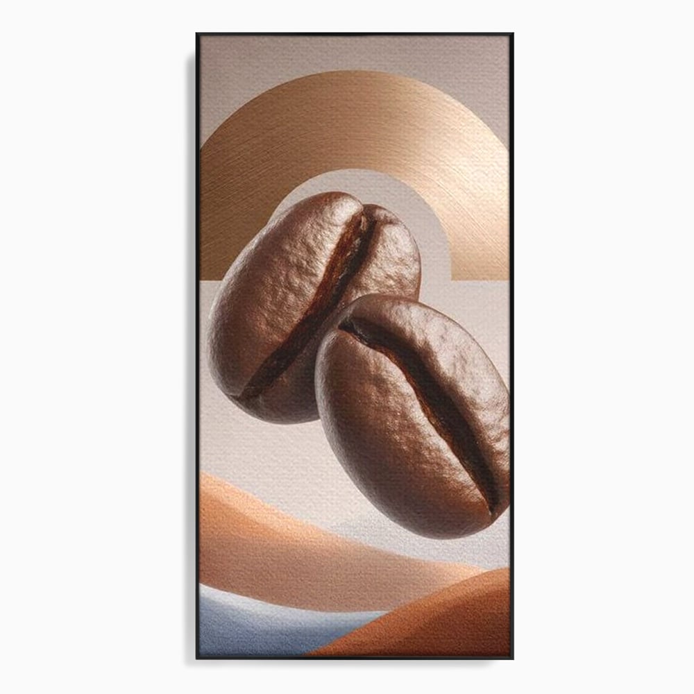Tablou Canvas Premium, LuxCanva® N1153, Duo Espresso, Matinal, Semicerc, Auriu, Arta Abstracta, Boabe de Cafea, Design, Aroma, Cafenea, Pub, Bar, Lounge, Restaurant, Bucatarie