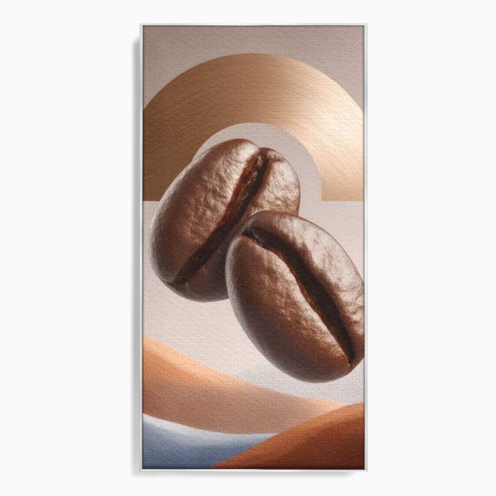 Tablou Canvas Premium, LuxCanva® N1153, Duo Espresso, Matinal, Semicerc, Auriu, Arta Abstracta, Boabe de Cafea, Design, Aroma, Cafenea, Pub, Bar, Lounge, Restaurant, Bucatarie