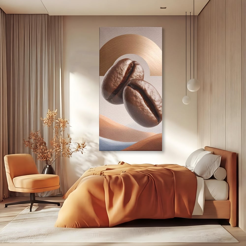Tablou Canvas Premium, LuxCanva® N1153, Duo Espresso, Matinal, Semicerc, Auriu, Arta Abstracta, Boabe de Cafea, Design, Aroma, Cafenea, Pub, Bar, Lounge, Restaurant, Bucatarie