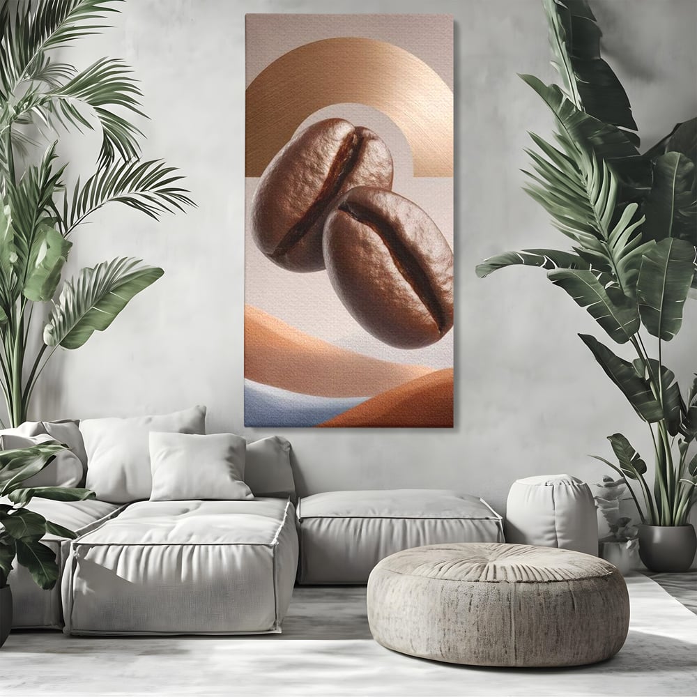 Tablou Canvas Premium, LuxCanva® N1153, Duo Espresso, Matinal, Semicerc, Auriu, Arta Abstracta, Boabe de Cafea, Design, Aroma, Cafenea, Pub, Bar, Lounge, Restaurant, Bucatarie