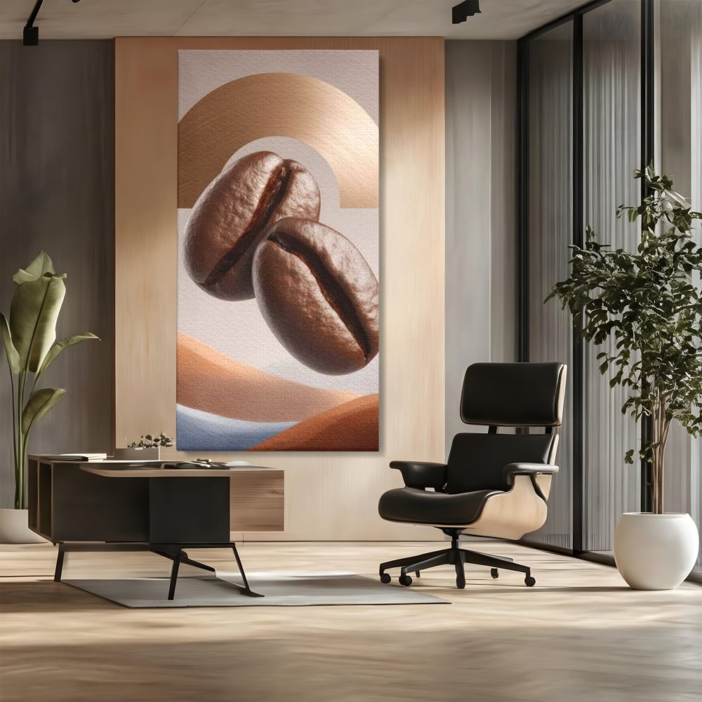 Tablou Canvas Premium, LuxCanva® N1153, Duo Espresso, Matinal, Semicerc, Auriu, Arta Abstracta, Boabe de Cafea, Design, Aroma, Cafenea, Pub, Bar, Lounge, Restaurant, Bucatarie