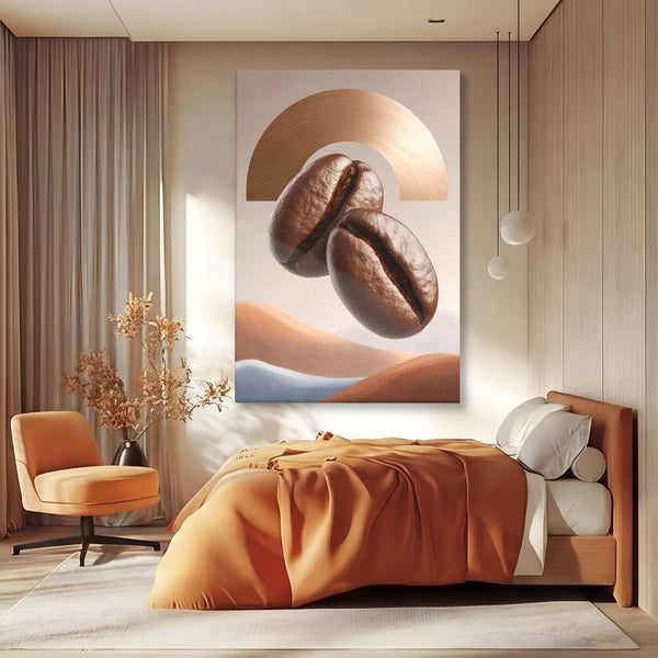Tablou Canvas Premium, LuxCanva® N1153, Duo Espresso, Matinal, Semicerc, Auriu, Arta Abstracta, Boabe de Cafea, Design, Aroma, Cafenea, Pub, Bar, Lounge, Restaurant, Bucatarie