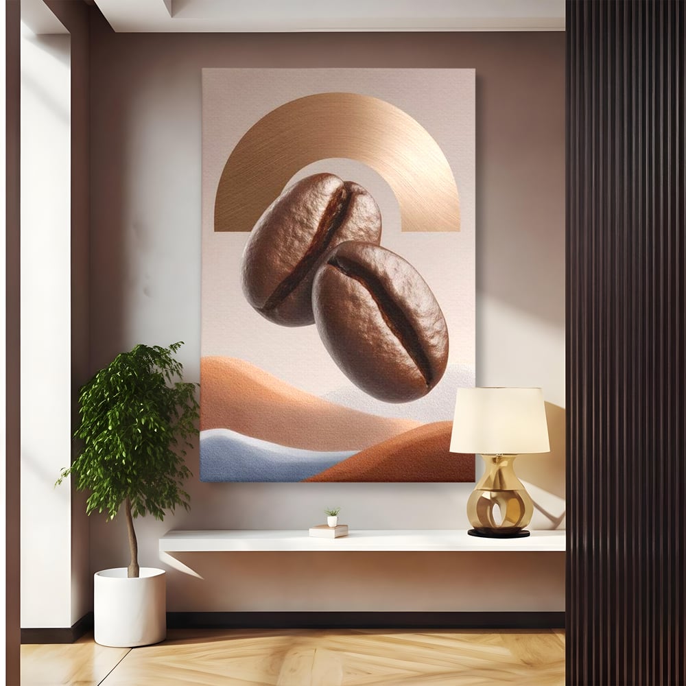 Tablou Canvas Premium, LuxCanva® N1153, Duo Espresso, Matinal, Semicerc, Auriu, Arta Abstracta, Boabe de Cafea, Design, Aroma, Cafenea, Pub, Bar, Lounge, Restaurant, Bucatarie