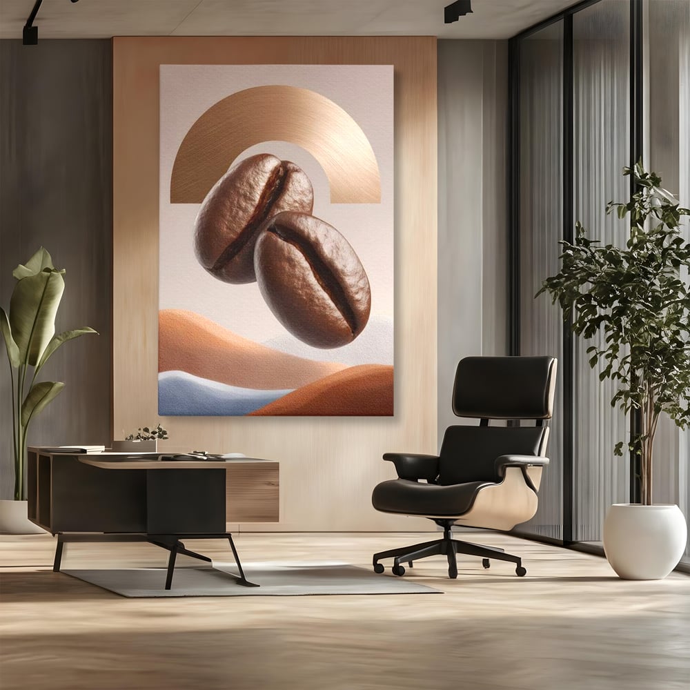 Tablou Canvas Premium, LuxCanva® N1153, Duo Espresso, Matinal, Semicerc, Auriu, Arta Abstracta, Boabe de Cafea, Design, Aroma, Cafenea, Pub, Bar, Lounge, Restaurant, Bucatarie