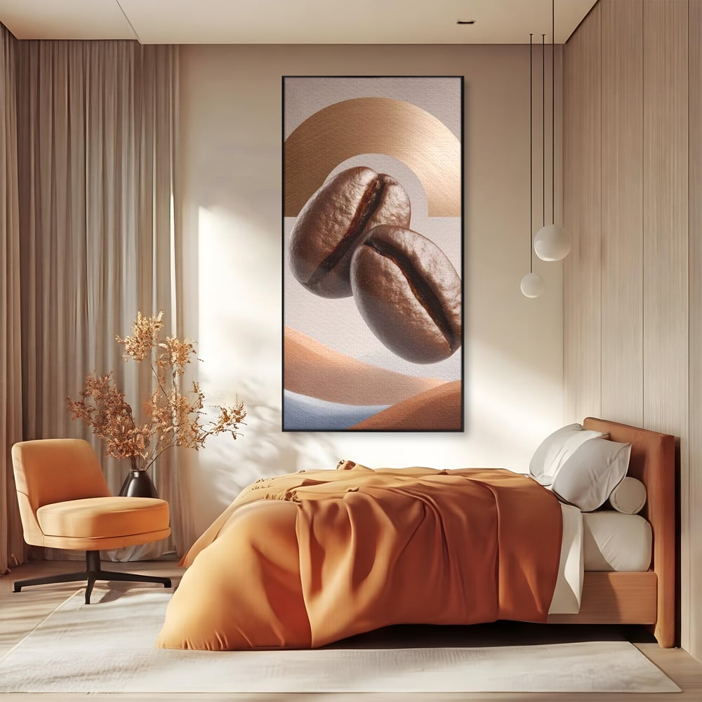 Tablou Canvas Premium, LuxCanva® N1153, Duo Espresso, Matinal, Semicerc, Auriu, Arta Abstracta, Boabe de Cafea, Design, Aroma, Cafenea, Pub, Bar, Lounge, Restaurant, Bucatarie