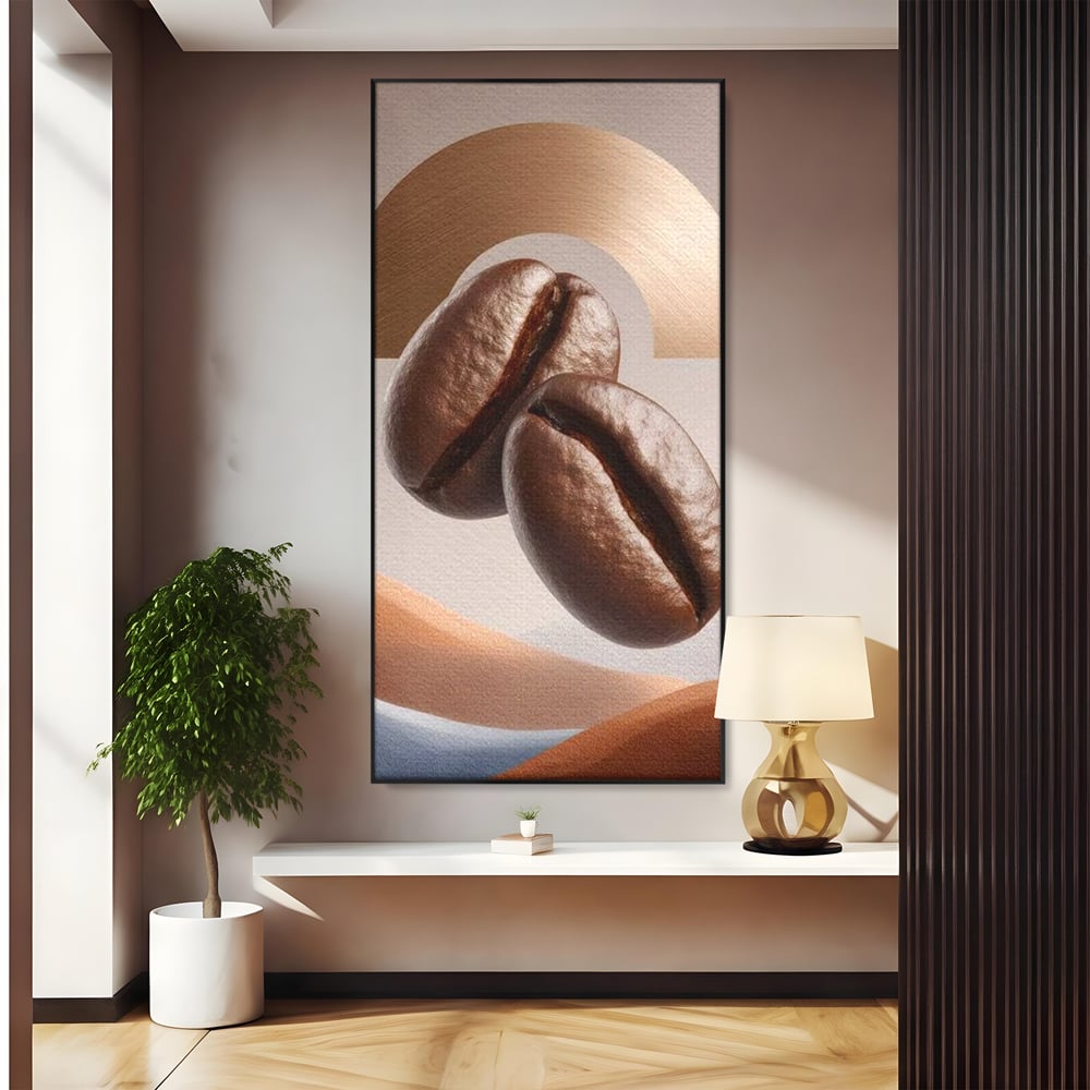 Tablou Canvas Premium, LuxCanva® N1153, Duo Espresso, Matinal, Semicerc, Auriu, Arta Abstracta, Boabe de Cafea, Design, Aroma, Cafenea, Pub, Bar, Lounge, Restaurant, Bucatarie