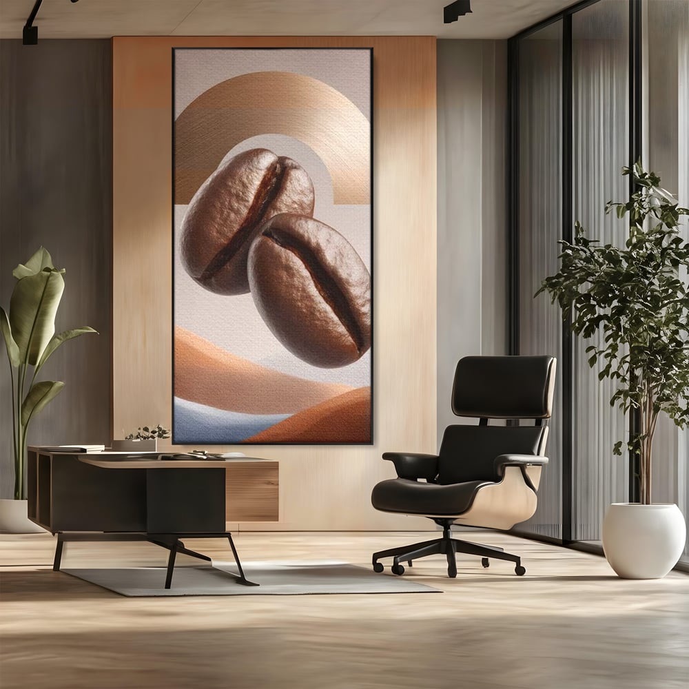 Tablou Canvas Premium, LuxCanva® N1153, Duo Espresso, Matinal, Semicerc, Auriu, Arta Abstracta, Boabe de Cafea, Design, Aroma, Cafenea, Pub, Bar, Lounge, Restaurant, Bucatarie