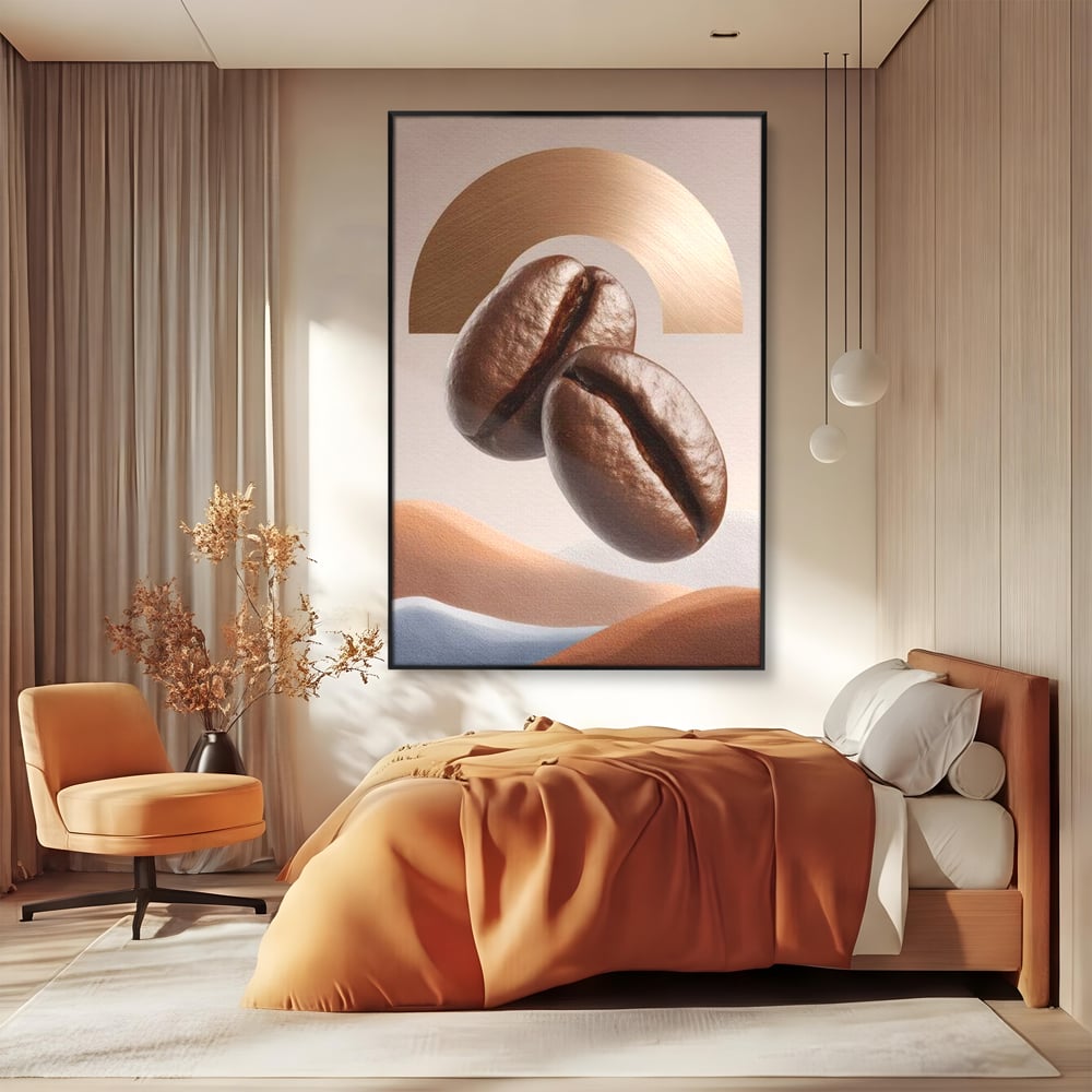 Tablou Canvas Premium, LuxCanva® N1153, Duo Espresso, Matinal, Semicerc, Auriu, Arta Abstracta, Boabe de Cafea, Design, Aroma, Cafenea, Pub, Bar, Lounge, Restaurant, Bucatarie