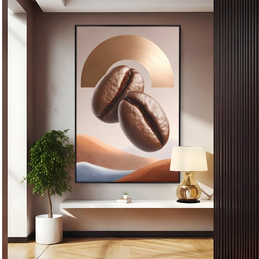 Tablou Canvas Premium, LuxCanva® N1153, Duo Espresso, Matinal, Semicerc, Auriu, Arta Abstracta, Boabe de Cafea, Design, Aroma, Cafenea, Pub, Bar, Lounge, Restaurant, Bucatarie