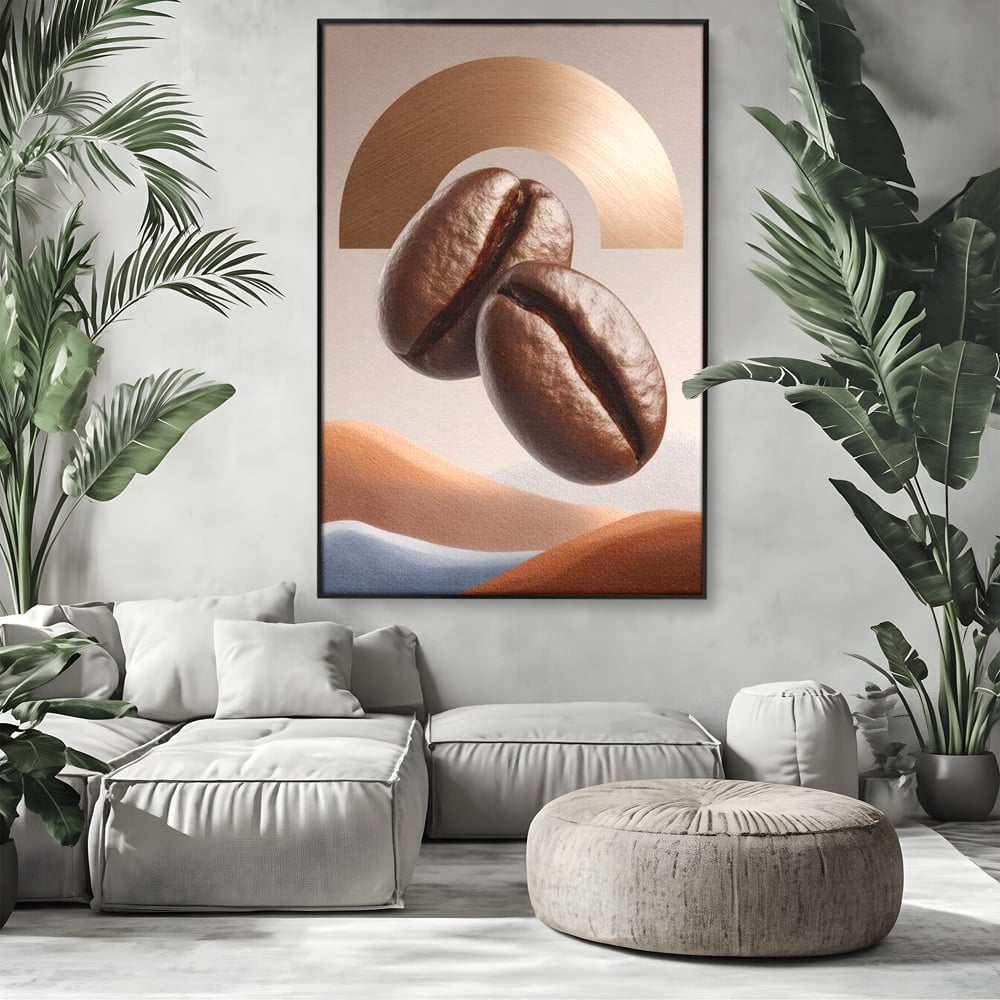 Tablou Canvas Premium, LuxCanva® N1153, Duo Espresso, Matinal, Semicerc, Auriu, Arta Abstracta, Boabe de Cafea, Design, Aroma, Cafenea, Pub, Bar, Lounge, Restaurant, Bucatarie