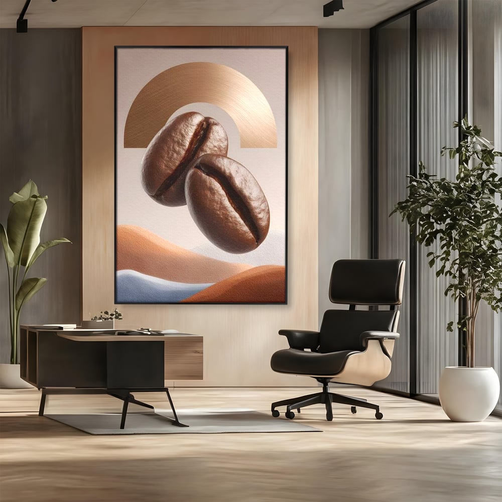 Tablou Canvas Premium, LuxCanva® N1153, Duo Espresso, Matinal, Semicerc, Auriu, Arta Abstracta, Boabe de Cafea, Design, Aroma, Cafenea, Pub, Bar, Lounge, Restaurant, Bucatarie