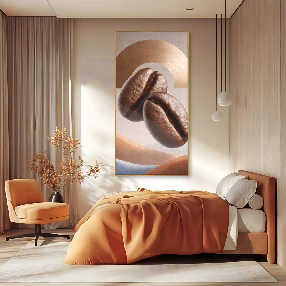 Tablou Canvas Premium, LuxCanva® N1153, Duo Espresso, Matinal, Semicerc, Auriu, Arta Abstracta, Boabe de Cafea, Design, Aroma, Cafenea, Pub, Bar, Lounge, Restaurant, Bucatarie