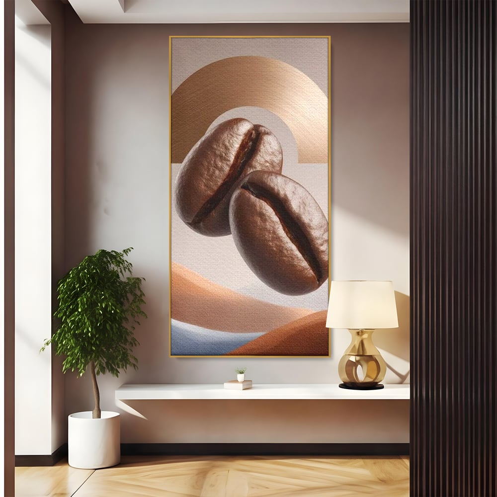 Tablou Canvas Premium, LuxCanva® N1153, Duo Espresso, Matinal, Semicerc, Auriu, Arta Abstracta, Boabe de Cafea, Design, Aroma, Cafenea, Pub, Bar, Lounge, Restaurant, Bucatarie