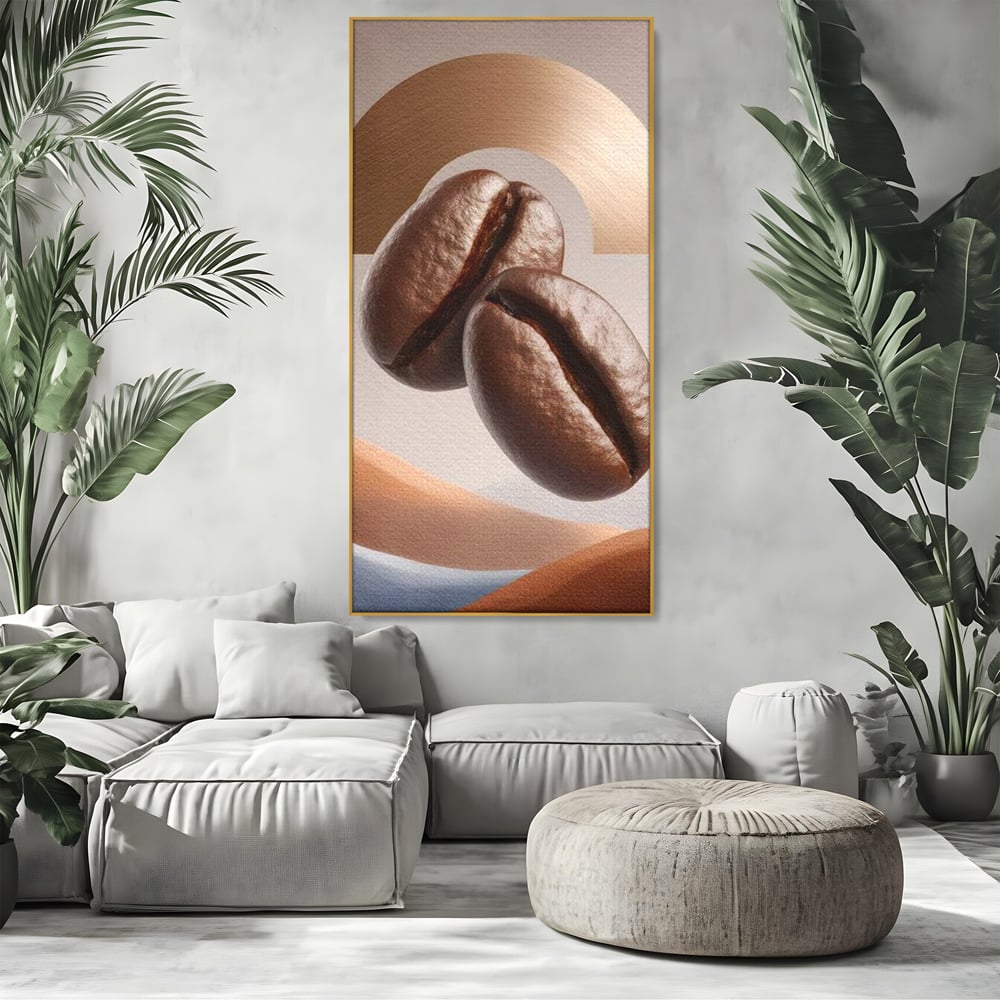 Tablou Canvas Premium, LuxCanva® N1153, Duo Espresso, Matinal, Semicerc, Auriu, Arta Abstracta, Boabe de Cafea, Design, Aroma, Cafenea, Pub, Bar, Lounge, Restaurant, Bucatarie