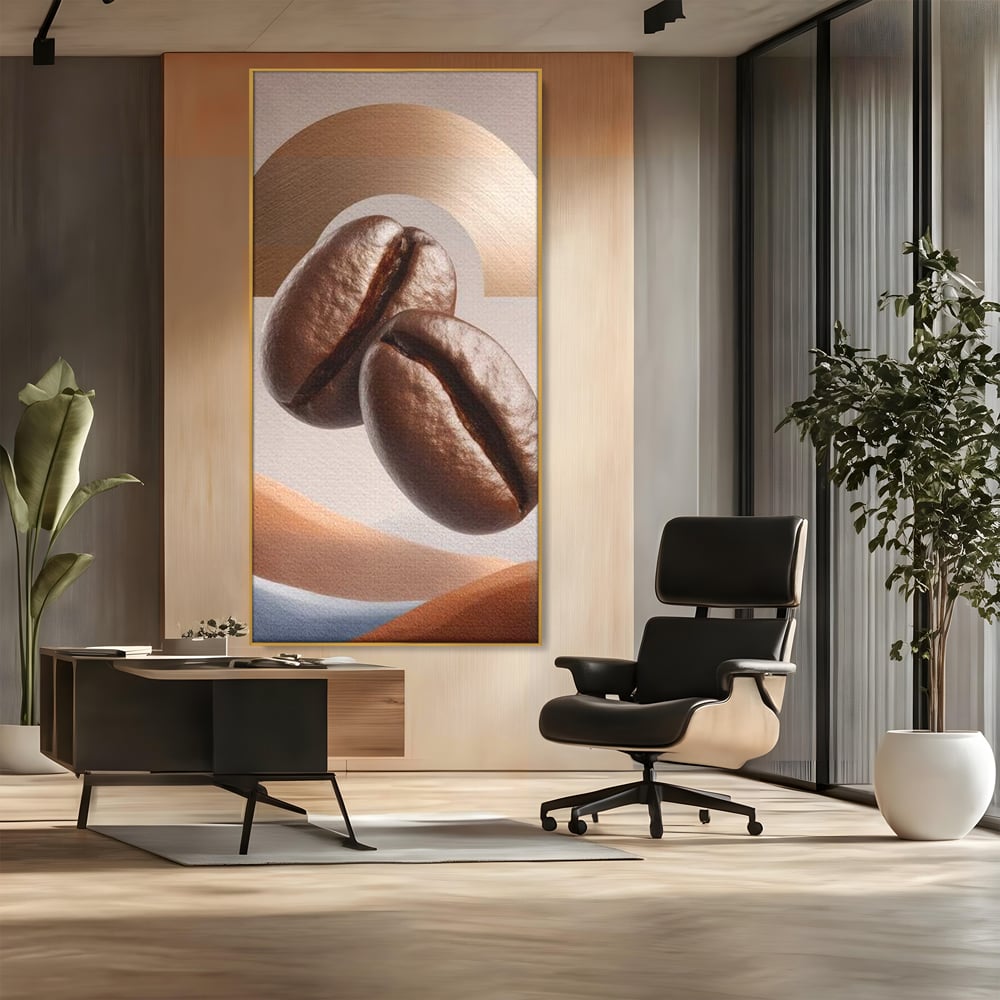 Tablou Canvas Premium, LuxCanva® N1153, Duo Espresso, Matinal, Semicerc, Auriu, Arta Abstracta, Boabe de Cafea, Design, Aroma, Cafenea, Pub, Bar, Lounge, Restaurant, Bucatarie