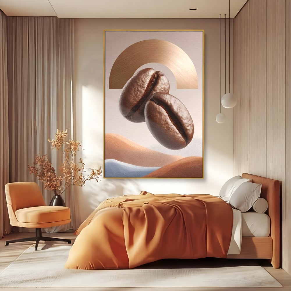 Tablou Canvas Premium, LuxCanva® N1153, Duo Espresso, Matinal, Semicerc, Auriu, Arta Abstracta, Boabe de Cafea, Design, Aroma, Cafenea, Pub, Bar, Lounge, Restaurant, Bucatarie
