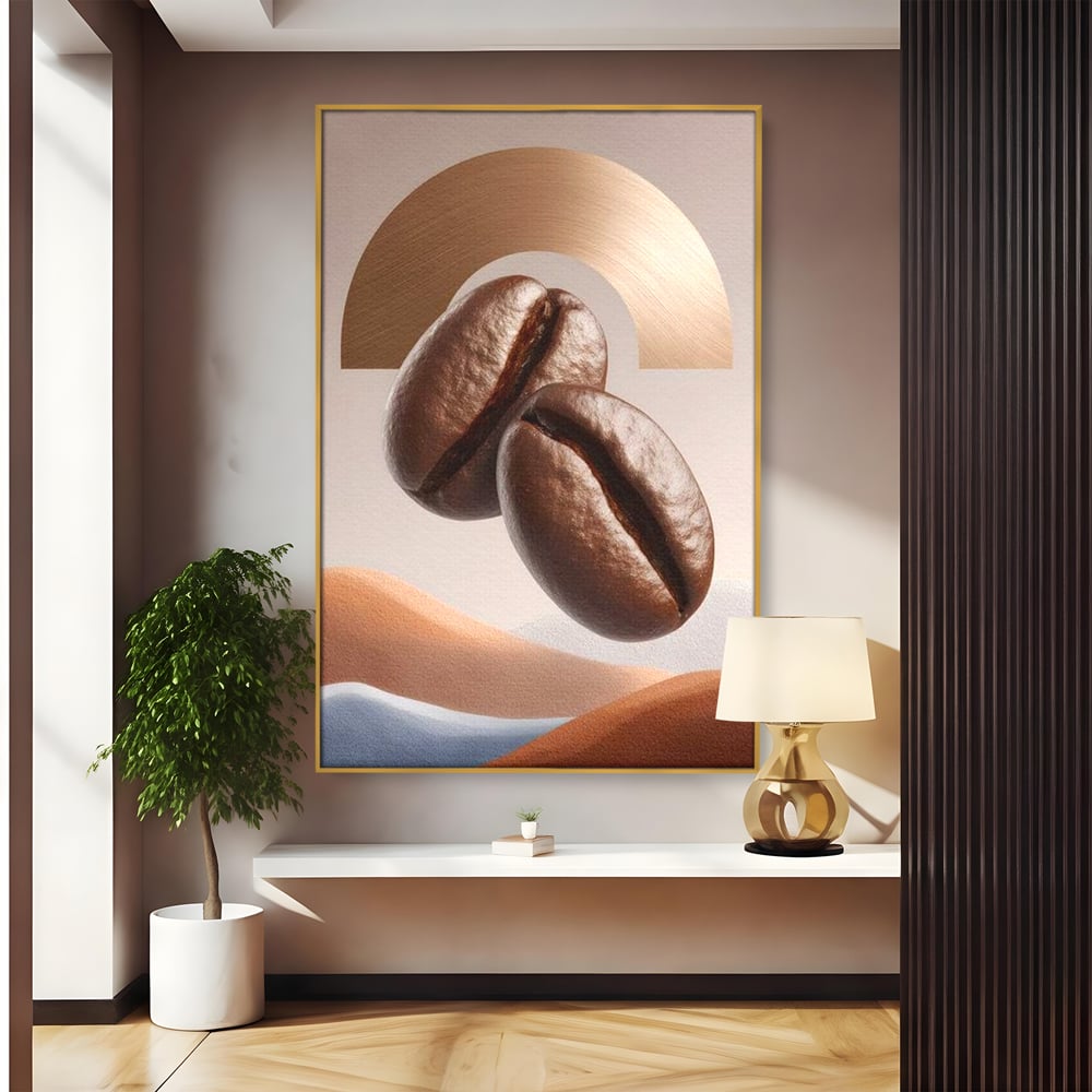 Tablou Canvas Premium, LuxCanva® N1153, Duo Espresso, Matinal, Semicerc, Auriu, Arta Abstracta, Boabe de Cafea, Design, Aroma, Cafenea, Pub, Bar, Lounge, Restaurant, Bucatarie