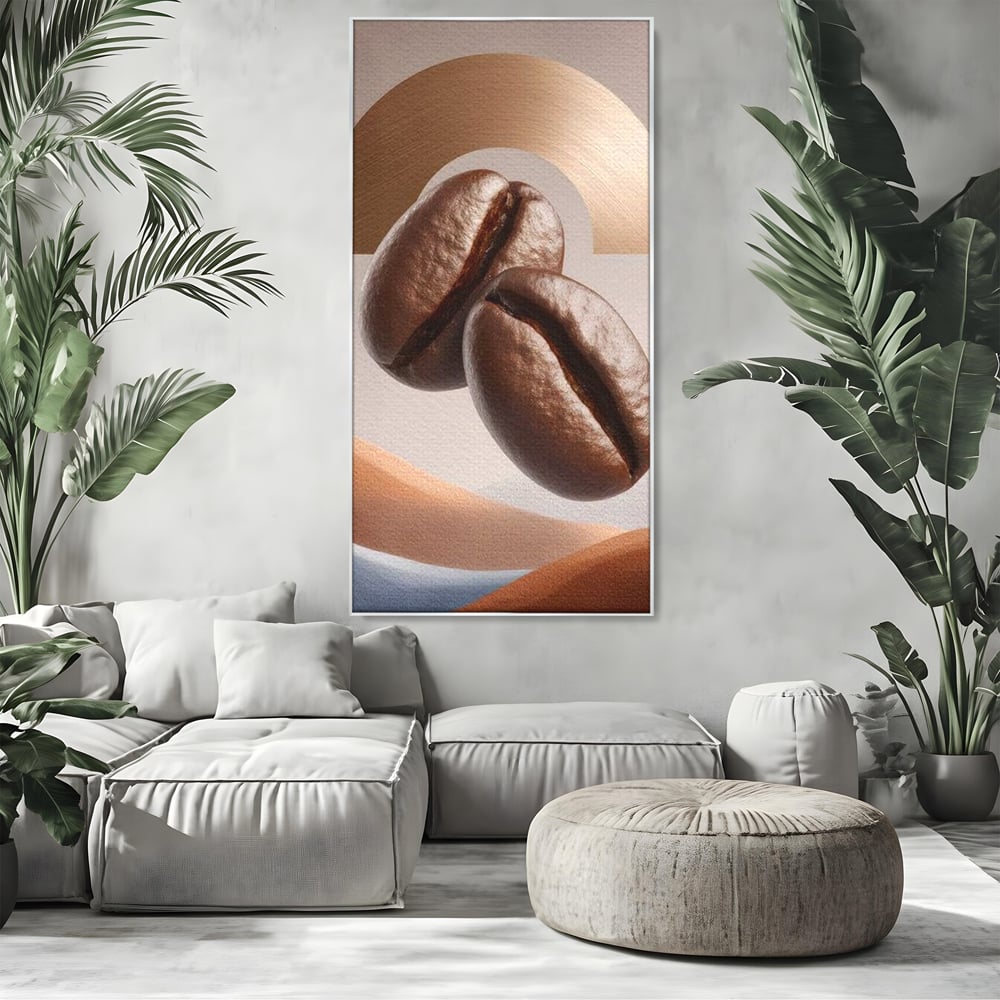 Tablou Canvas Premium, LuxCanva® N1153, Duo Espresso, Matinal, Semicerc, Auriu, Arta Abstracta, Boabe de Cafea, Design, Aroma, Cafenea, Pub, Bar, Lounge, Restaurant, Bucatarie