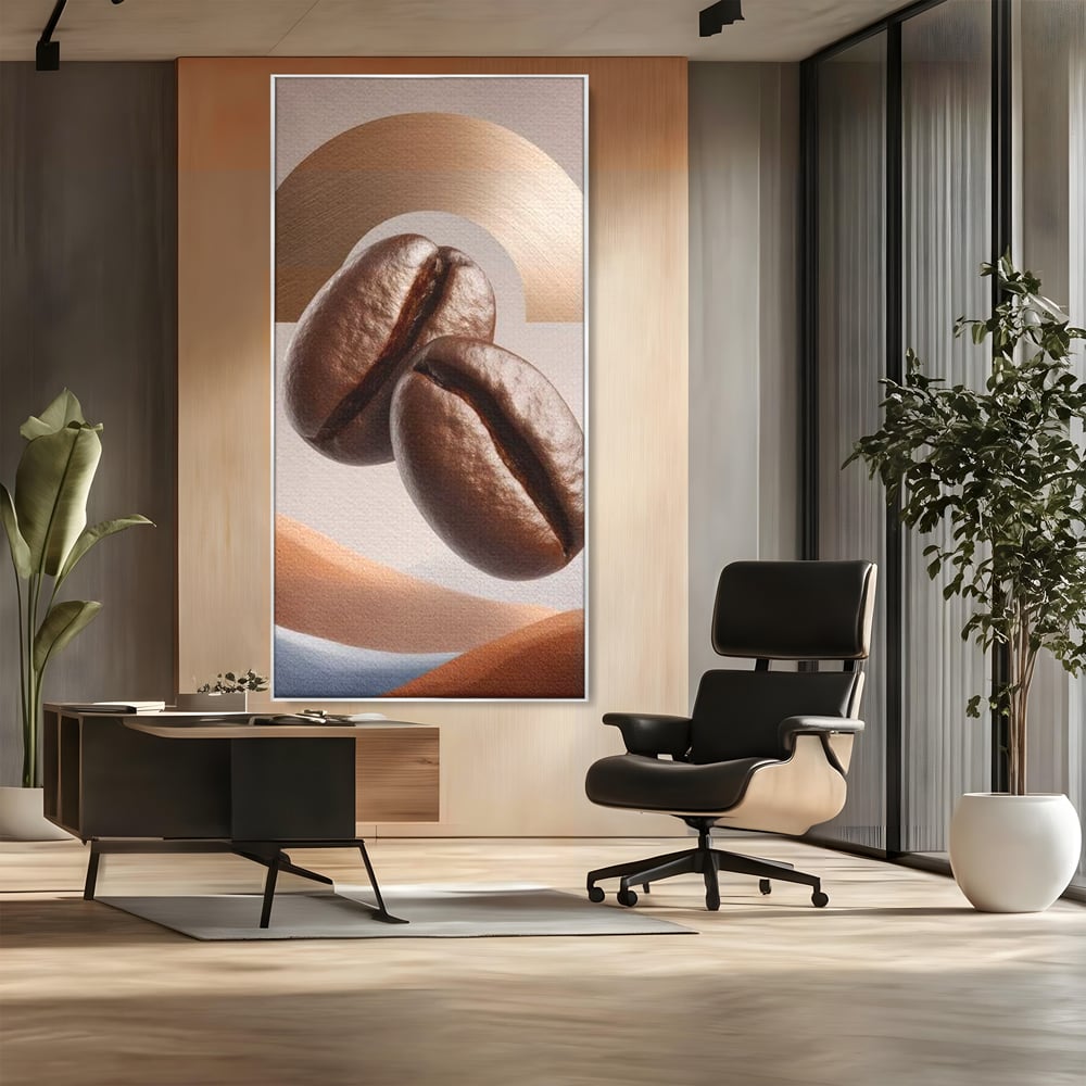 Tablou Canvas Premium, LuxCanva® N1153, Duo Espresso, Matinal, Semicerc, Auriu, Arta Abstracta, Boabe de Cafea, Design, Aroma, Cafenea, Pub, Bar, Lounge, Restaurant, Bucatarie