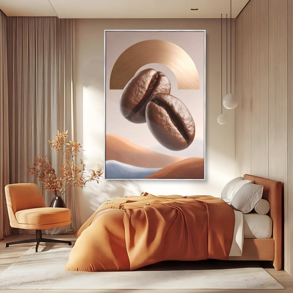 Tablou Canvas Premium, LuxCanva® N1153, Duo Espresso, Matinal, Semicerc, Auriu, Arta Abstracta, Boabe de Cafea, Design, Aroma, Cafenea, Pub, Bar, Lounge, Restaurant, Bucatarie