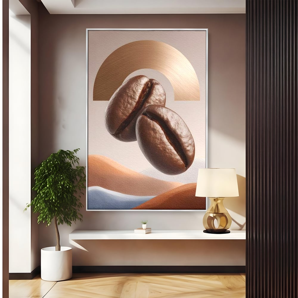 Tablou Canvas Premium, LuxCanva® N1153, Duo Espresso, Matinal, Semicerc, Auriu, Arta Abstracta, Boabe de Cafea, Design, Aroma, Cafenea, Pub, Bar, Lounge, Restaurant, Bucatarie