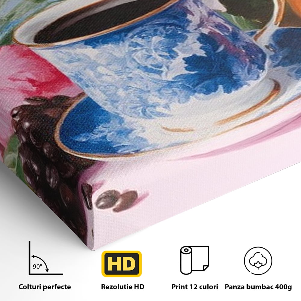 Tablou Canvas Premium, LuxCanva® N1154, Arome la Rasarit, Portocala, Flori, Frunze, Ceasca, Cafea, Barca, Vacanta, Ocean, Insula, Cafenea, Pub, Bar, Lounge, Restaurant, Bucatarie