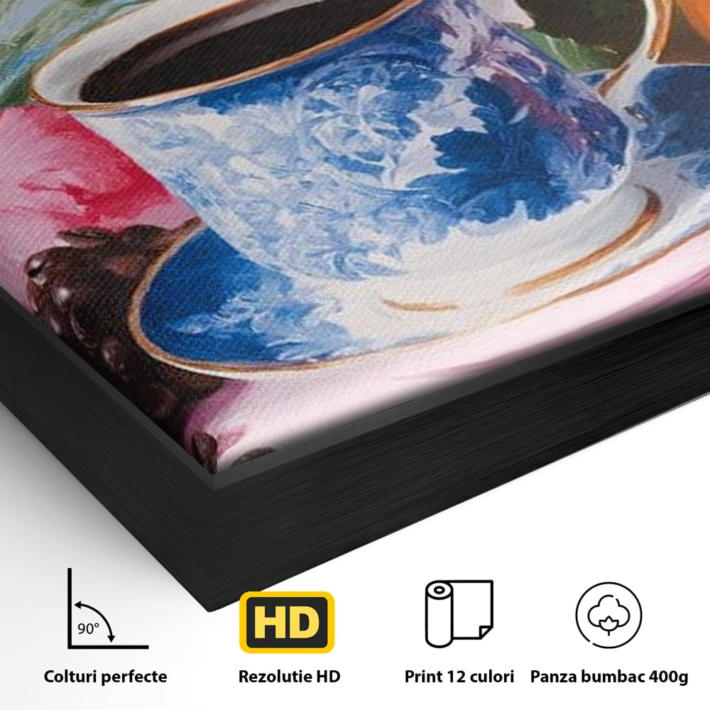 Tablou Canvas Premium, LuxCanva® N1154, Arome la Rasarit, Portocala, Flori, Frunze, Ceasca, Cafea, Barca, Vacanta, Ocean, Insula, Cafenea, Pub, Bar, Lounge, Restaurant, Bucatarie