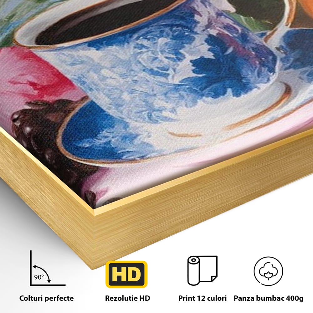 Tablou Canvas Premium, LuxCanva® N1154, Arome la Rasarit, Portocala, Flori, Frunze, Ceasca, Cafea, Barca, Vacanta, Ocean, Insula, Cafenea, Pub, Bar, Lounge, Restaurant, Bucatarie