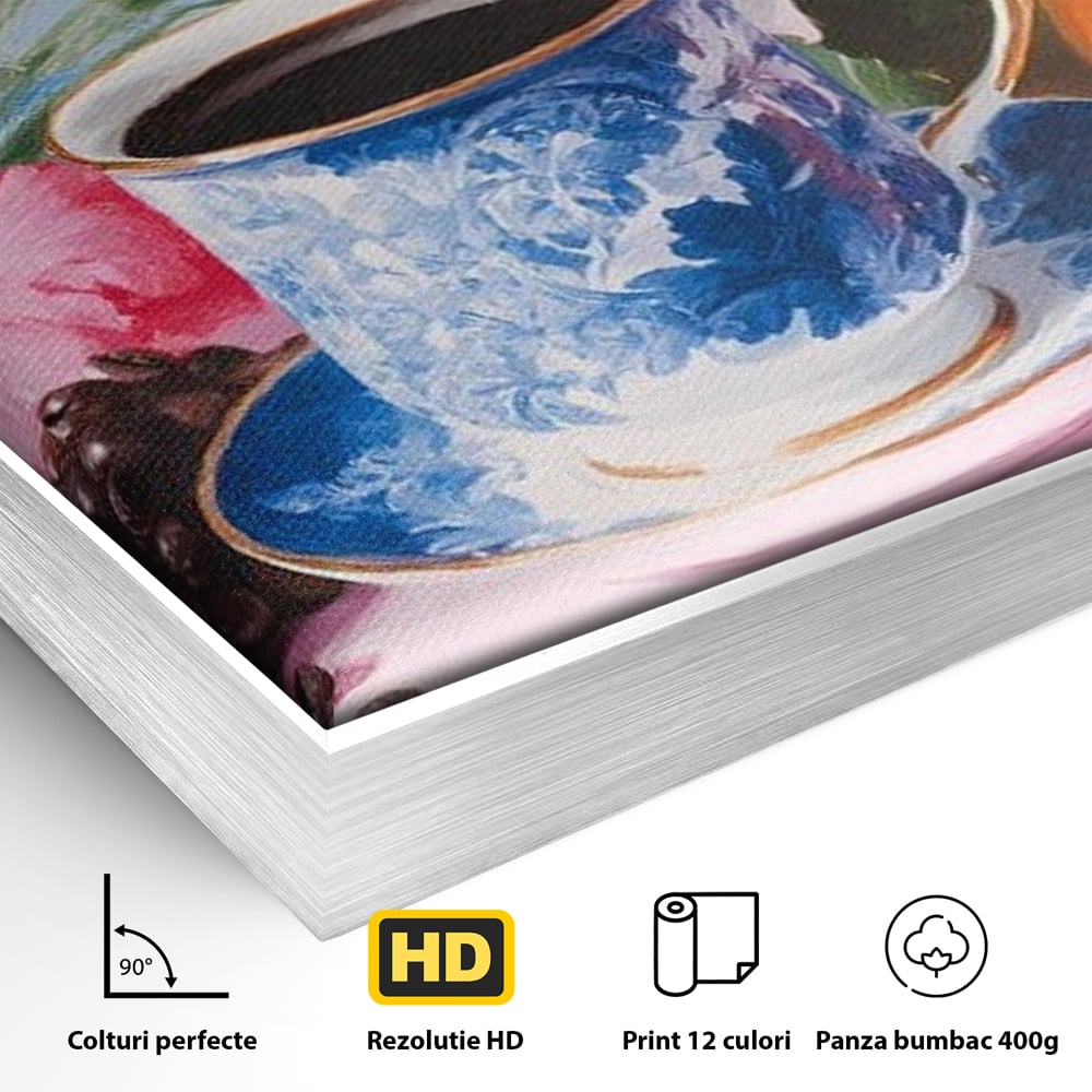 Tablou Canvas Premium, LuxCanva® N1154, Arome la Rasarit, Portocala, Flori, Frunze, Ceasca, Cafea, Barca, Vacanta, Ocean, Insula, Cafenea, Pub, Bar, Lounge, Restaurant, Bucatarie