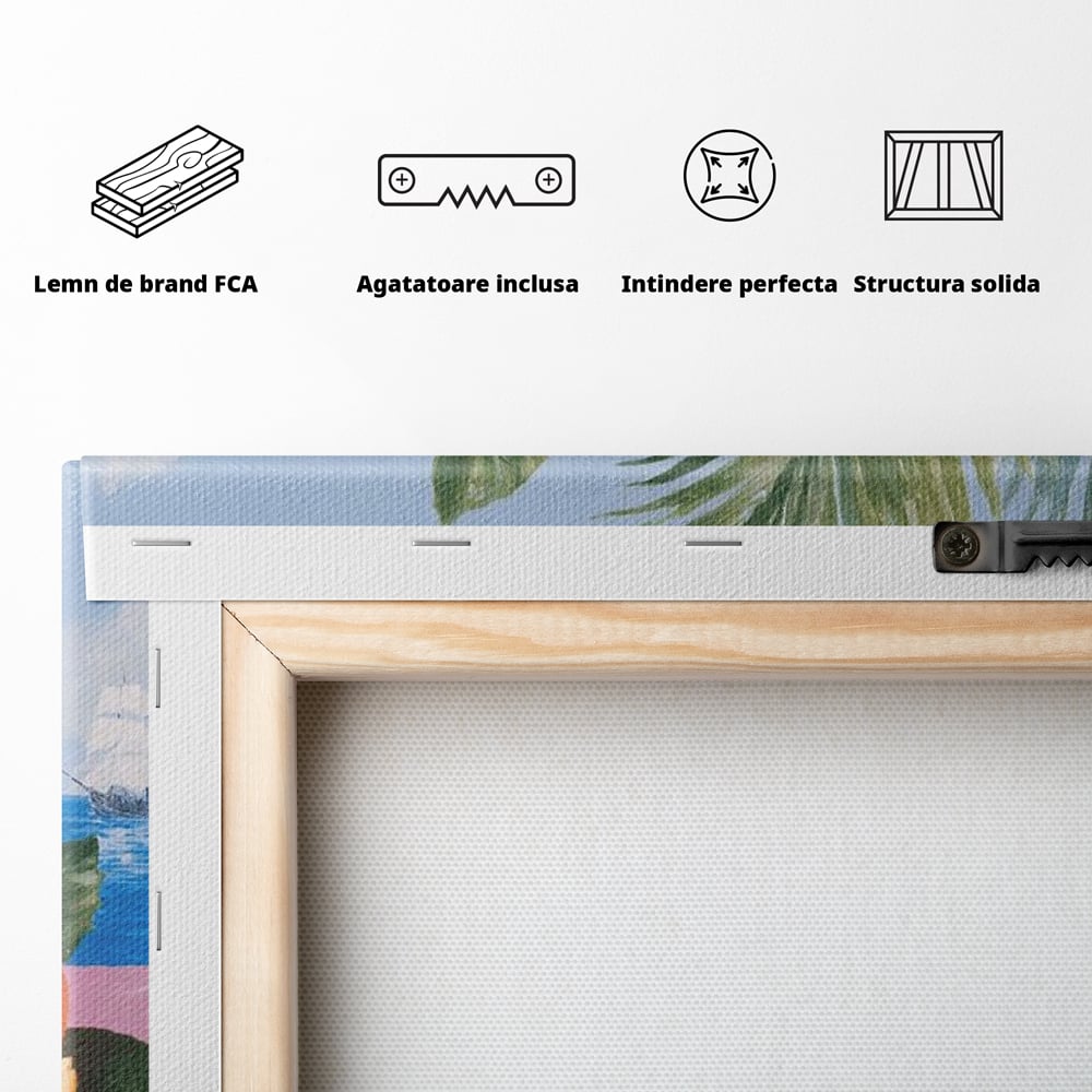 Tablou Canvas Premium, LuxCanva® N1154, Arome la Rasarit, Portocala, Flori, Frunze, Ceasca, Cafea, Barca, Vacanta, Ocean, Insula, Cafenea, Pub, Bar, Lounge, Restaurant, Bucatarie