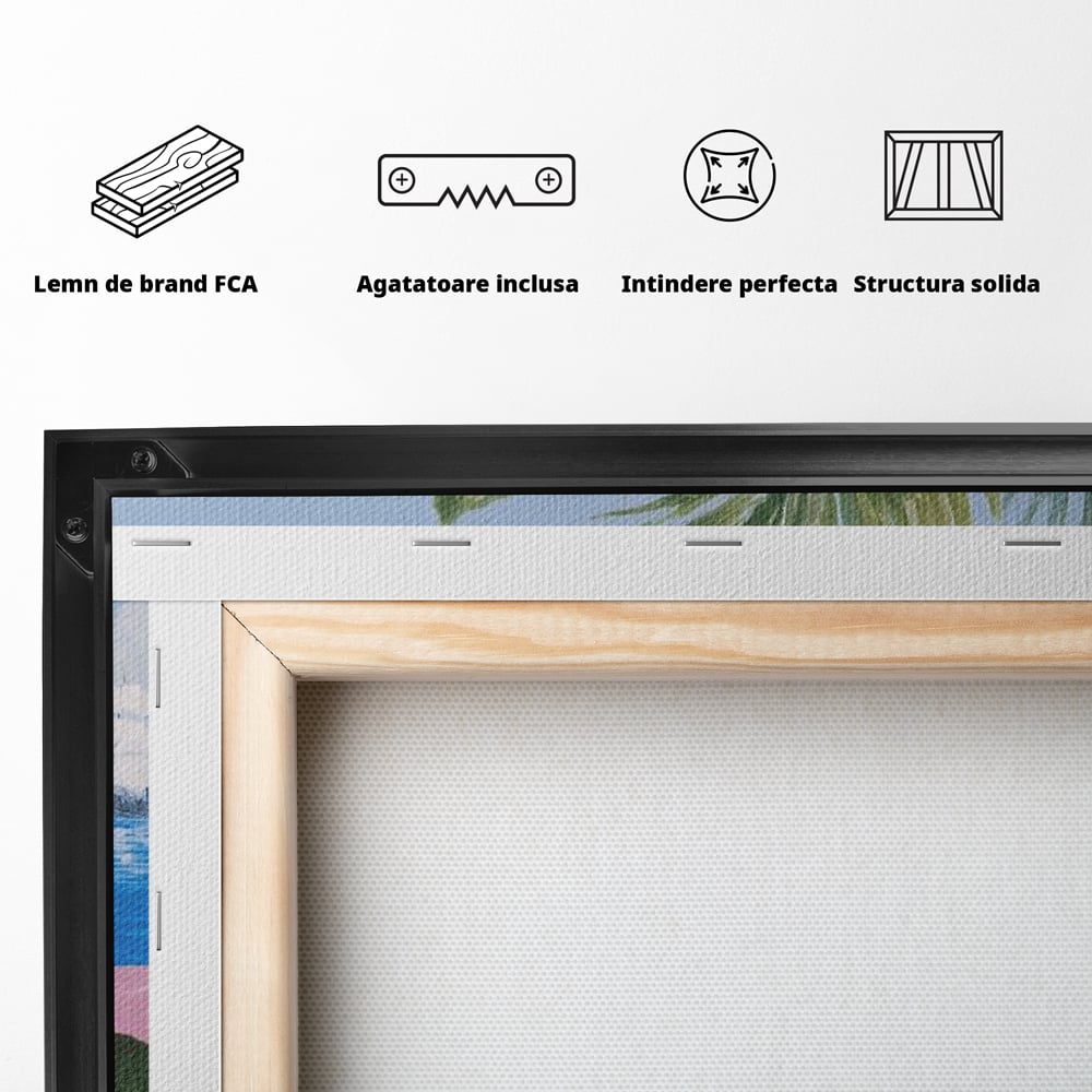 Tablou Canvas Premium, LuxCanva® N1154, Arome la Rasarit, Portocala, Flori, Frunze, Ceasca, Cafea, Barca, Vacanta, Ocean, Insula, Cafenea, Pub, Bar, Lounge, Restaurant, Bucatarie