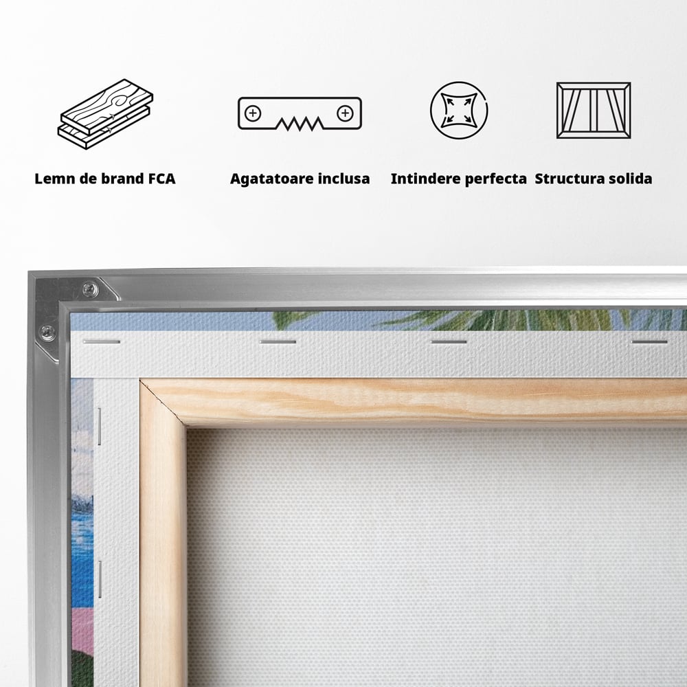 Tablou Canvas Premium, LuxCanva® N1154, Arome la Rasarit, Portocala, Flori, Frunze, Ceasca, Cafea, Barca, Vacanta, Ocean, Insula, Cafenea, Pub, Bar, Lounge, Restaurant, Bucatarie