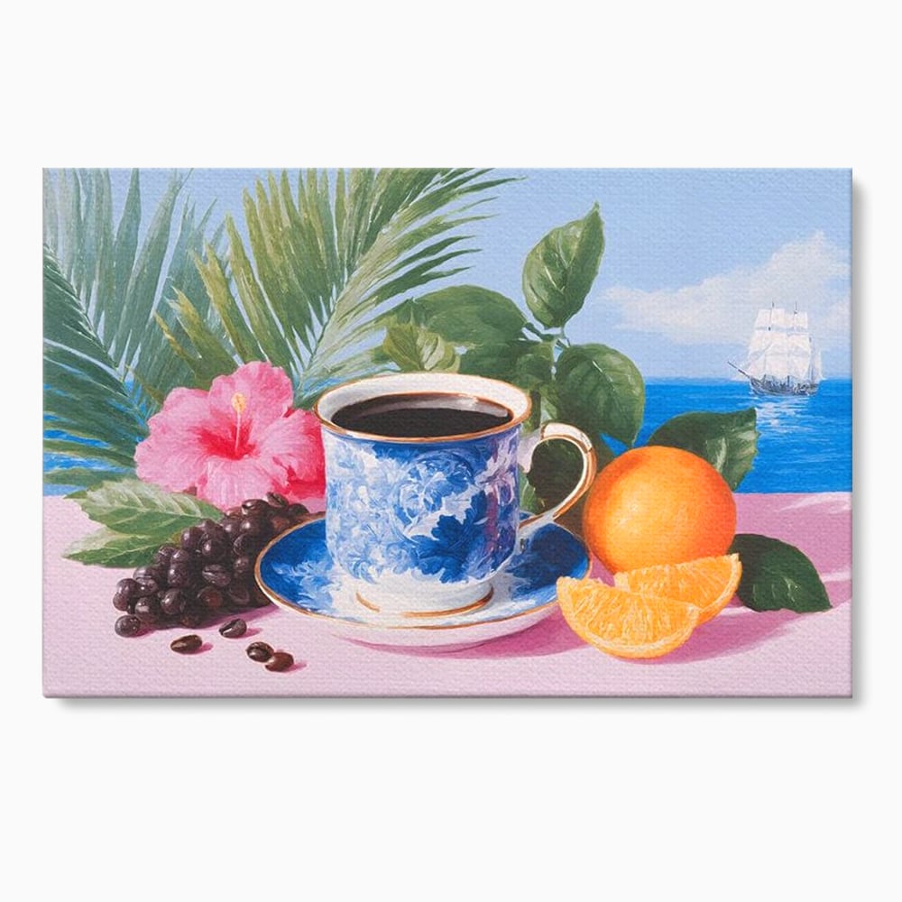 Tablou Canvas Premium, LuxCanva® N1154, Arome la Rasarit, Portocala, Flori, Frunze, Ceasca, Cafea, Barca, Vacanta, Ocean, Insula, Cafenea, Pub, Bar, Lounge, Restaurant, Bucatarie