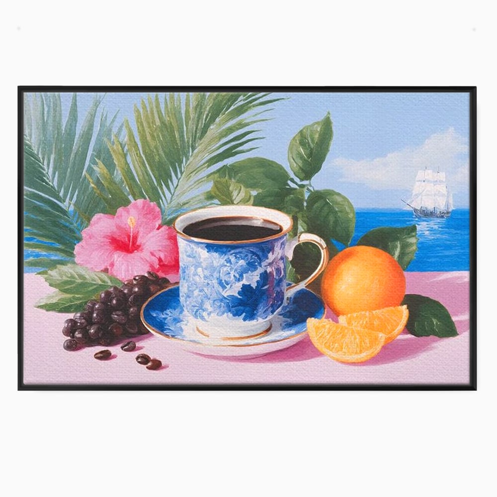 Tablou Canvas Premium, LuxCanva® N1154, Arome la Rasarit, Portocala, Flori, Frunze, Ceasca, Cafea, Barca, Vacanta, Ocean, Insula, Cafenea, Pub, Bar, Lounge, Restaurant, Bucatarie