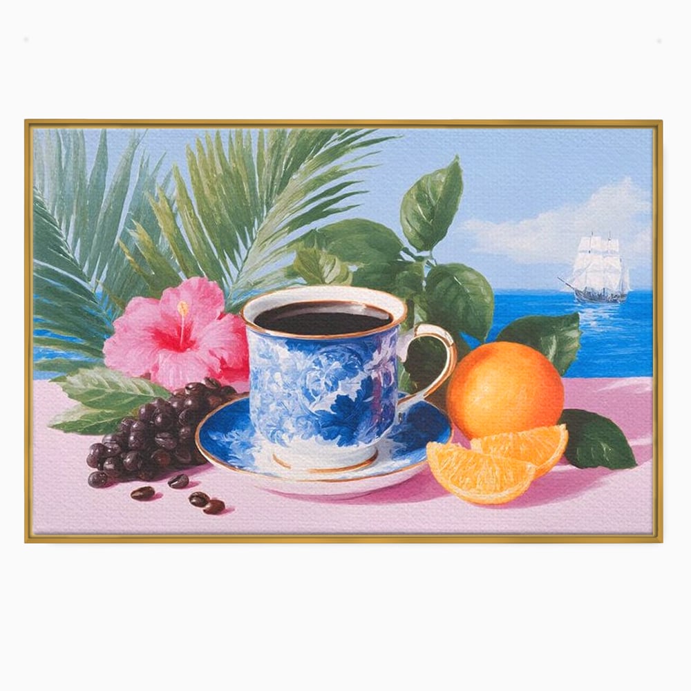 Tablou Canvas Premium, LuxCanva® N1154, Arome la Rasarit, Portocala, Flori, Frunze, Ceasca, Cafea, Barca, Vacanta, Ocean, Insula, Cafenea, Pub, Bar, Lounge, Restaurant, Bucatarie