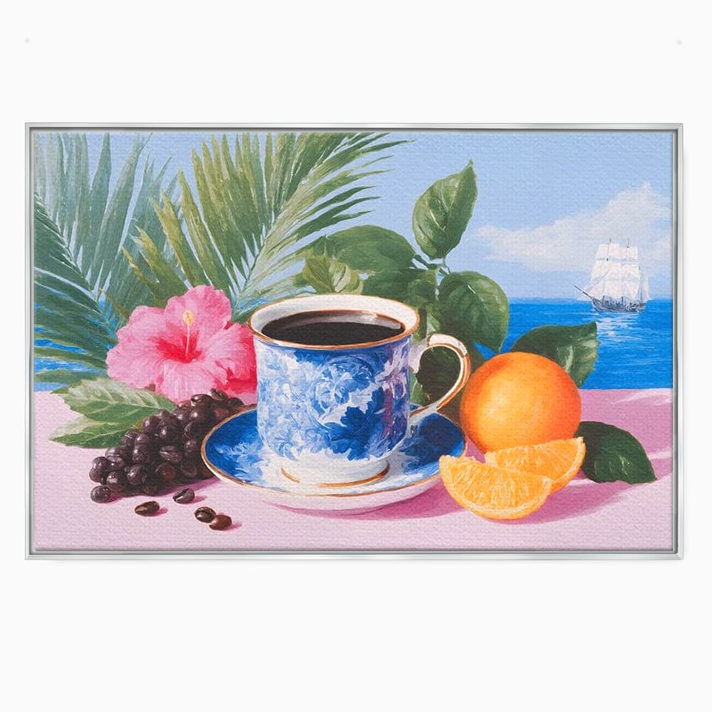 Tablou Canvas Premium, LuxCanva® N1154, Arome la Rasarit, Portocala, Flori, Frunze, Ceasca, Cafea, Barca, Vacanta, Ocean, Insula, Cafenea, Pub, Bar, Lounge, Restaurant, Bucatarie