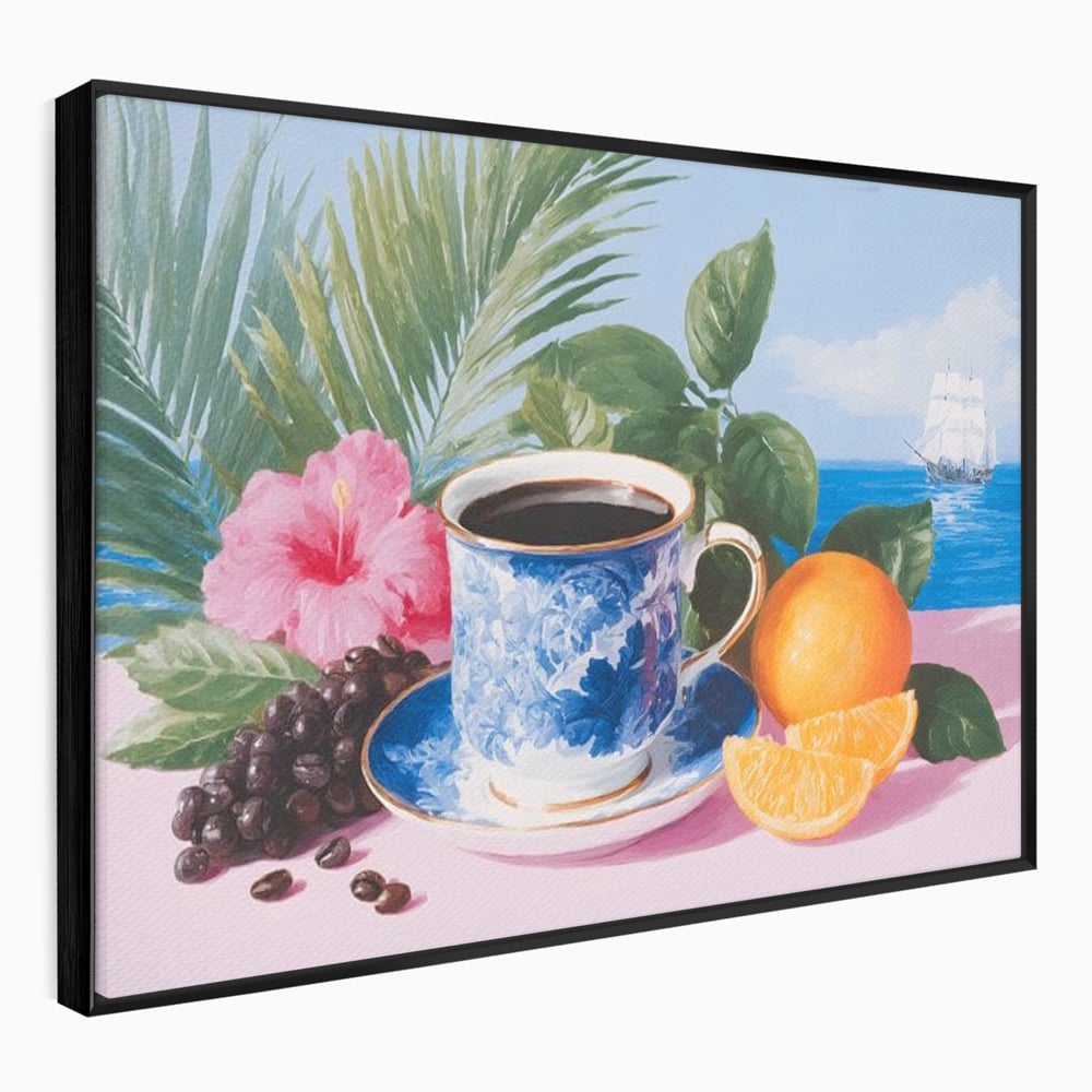 Tablou Canvas Premium, LuxCanva® N1154, Arome la Rasarit, Portocala, Flori, Frunze, Ceasca, Cafea, Barca, Vacanta, Ocean, Insula, Cafenea, Pub, Bar, Lounge, Restaurant, Bucatarie