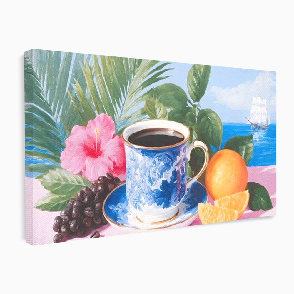 Tablou Canvas Premium, LuxCanva® N1154, Arome la Rasarit, Portocala, Flori, Frunze, Ceasca, Cafea, Barca, Vacanta, Ocean, Insula, Cafenea, Pub, Bar, Lounge, Restaurant, Bucatarie
