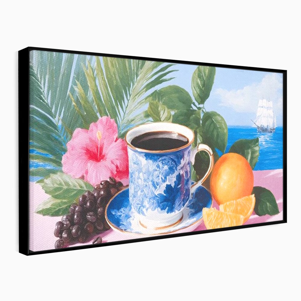 Tablou Canvas Premium, LuxCanva® N1154, Arome la Rasarit, Portocala, Flori, Frunze, Ceasca, Cafea, Barca, Vacanta, Ocean, Insula, Cafenea, Pub, Bar, Lounge, Restaurant, Bucatarie