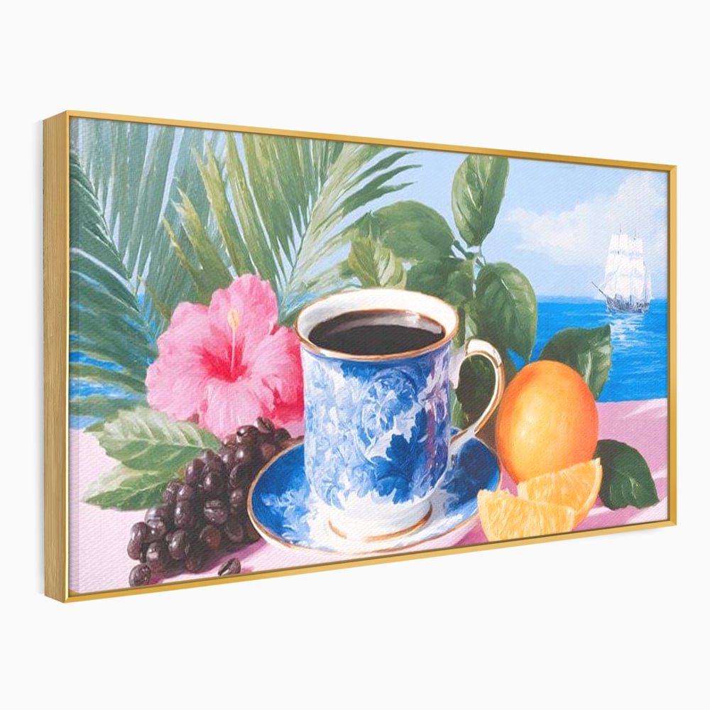 Tablou Canvas Premium, LuxCanva® N1154, Arome la Rasarit, Portocala, Flori, Frunze, Ceasca, Cafea, Barca, Vacanta, Ocean, Insula, Cafenea, Pub, Bar, Lounge, Restaurant, Bucatarie