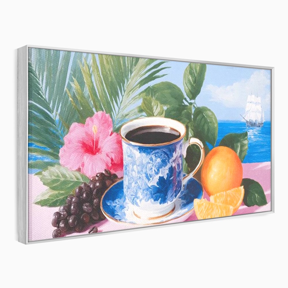 Tablou Canvas Premium, LuxCanva® N1154, Arome la Rasarit, Portocala, Flori, Frunze, Ceasca, Cafea, Barca, Vacanta, Ocean, Insula, Cafenea, Pub, Bar, Lounge, Restaurant, Bucatarie