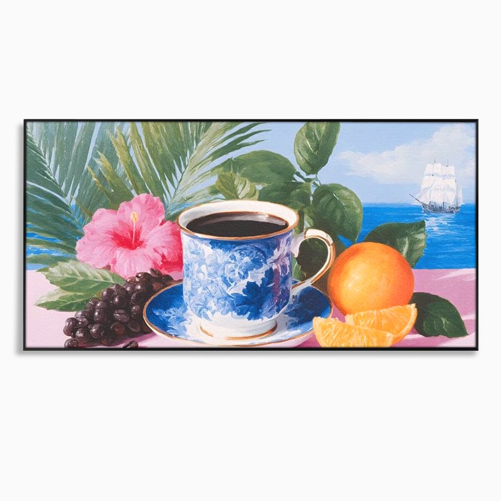 Tablou Canvas Premium, LuxCanva® N1154, Arome la Rasarit, Portocala, Flori, Frunze, Ceasca, Cafea, Barca, Vacanta, Ocean, Insula, Cafenea, Pub, Bar, Lounge, Restaurant, Bucatarie