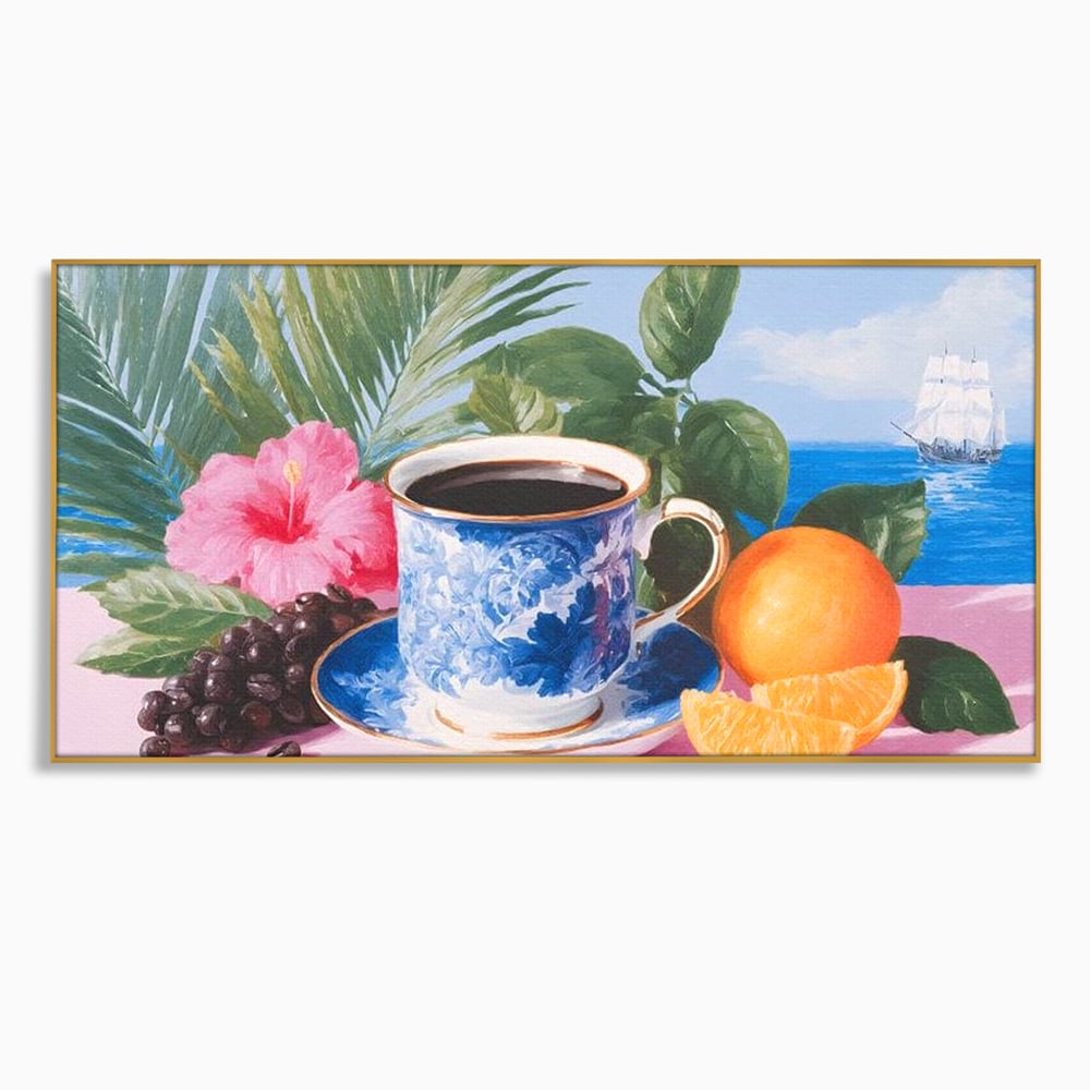 Tablou Canvas Premium, LuxCanva® N1154, Arome la Rasarit, Portocala, Flori, Frunze, Ceasca, Cafea, Barca, Vacanta, Ocean, Insula, Cafenea, Pub, Bar, Lounge, Restaurant, Bucatarie