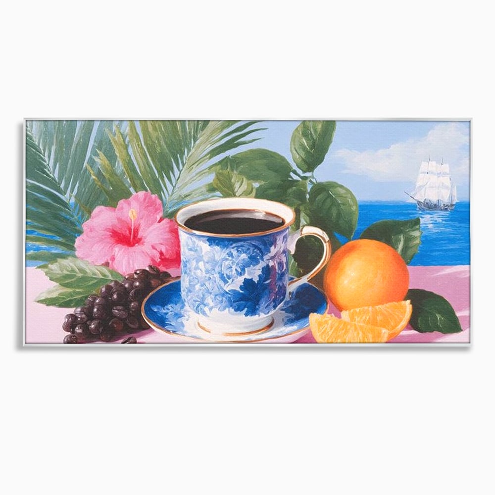 Tablou Canvas Premium, LuxCanva® N1154, Arome la Rasarit, Portocala, Flori, Frunze, Ceasca, Cafea, Barca, Vacanta, Ocean, Insula, Cafenea, Pub, Bar, Lounge, Restaurant, Bucatarie