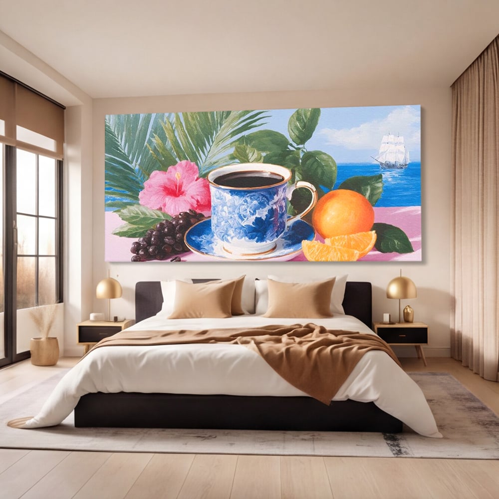 Tablou Canvas Premium, LuxCanva® N1154, Arome la Rasarit, Portocala, Flori, Frunze, Ceasca, Cafea, Barca, Vacanta, Ocean, Insula, Cafenea, Pub, Bar, Lounge, Restaurant, Bucatarie