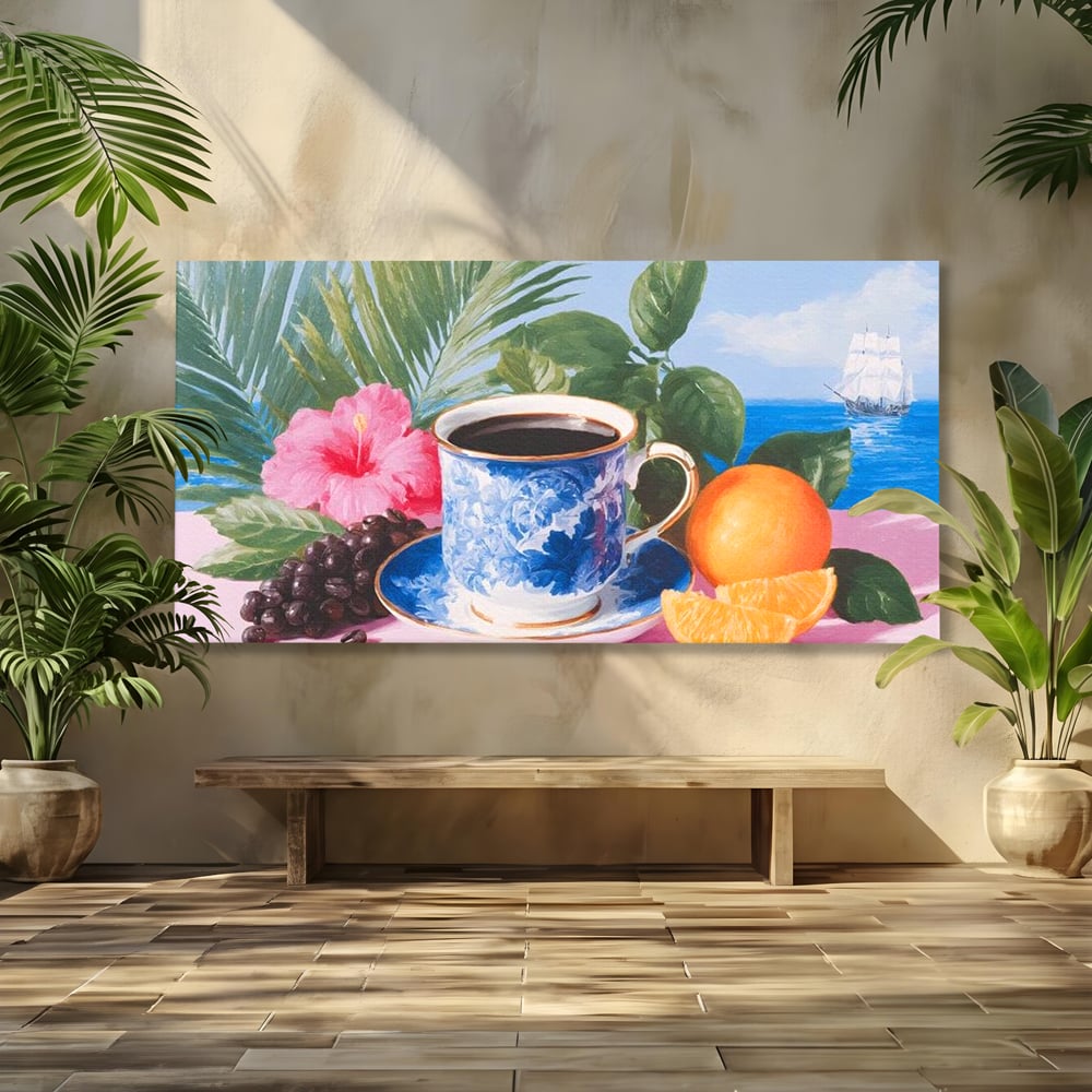 Tablou Canvas Premium, LuxCanva® N1154, Arome la Rasarit, Portocala, Flori, Frunze, Ceasca, Cafea, Barca, Vacanta, Ocean, Insula, Cafenea, Pub, Bar, Lounge, Restaurant, Bucatarie