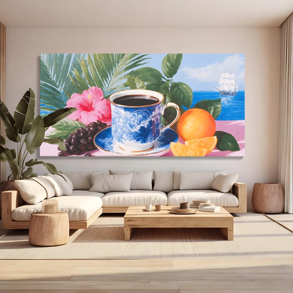 Tablou Canvas Premium, LuxCanva® N1154, Arome la Rasarit, Portocala, Flori, Frunze, Ceasca, Cafea, Barca, Vacanta, Ocean, Insula, Cafenea, Pub, Bar, Lounge, Restaurant, Bucatarie