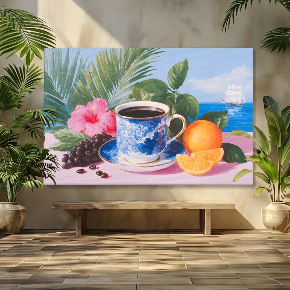 Tablou Canvas Premium, LuxCanva® N1154, Arome la Rasarit, Portocala, Flori, Frunze, Ceasca, Cafea, Barca, Vacanta, Ocean, Insula, Cafenea, Pub, Bar, Lounge, Restaurant, Bucatarie